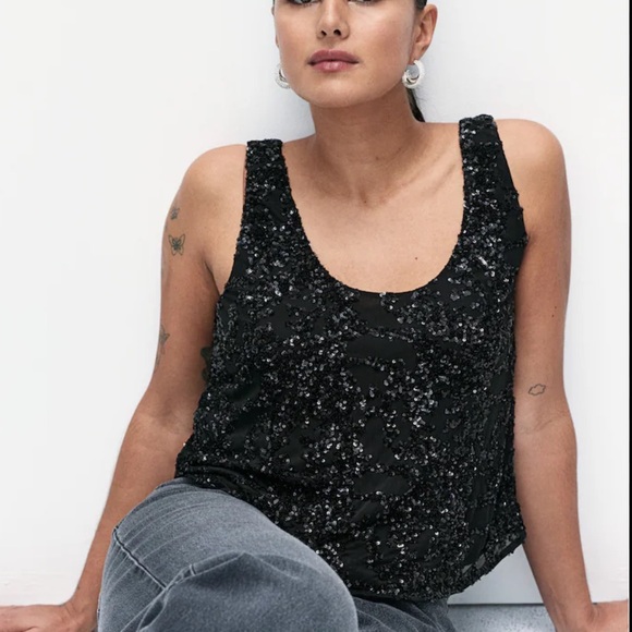 Lafayette 148 Sequin Seed Beaded Embellished Black Silk Stretch Tank Top S - Picture 1 of 9